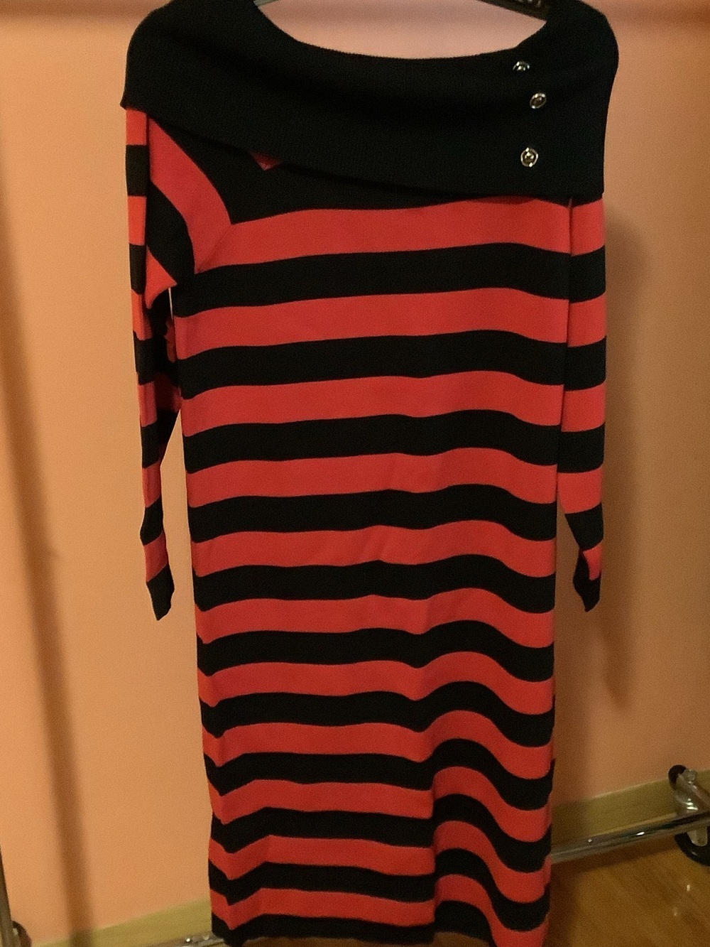 Black and Red Striped Long-Sleeve Boatneck Dress